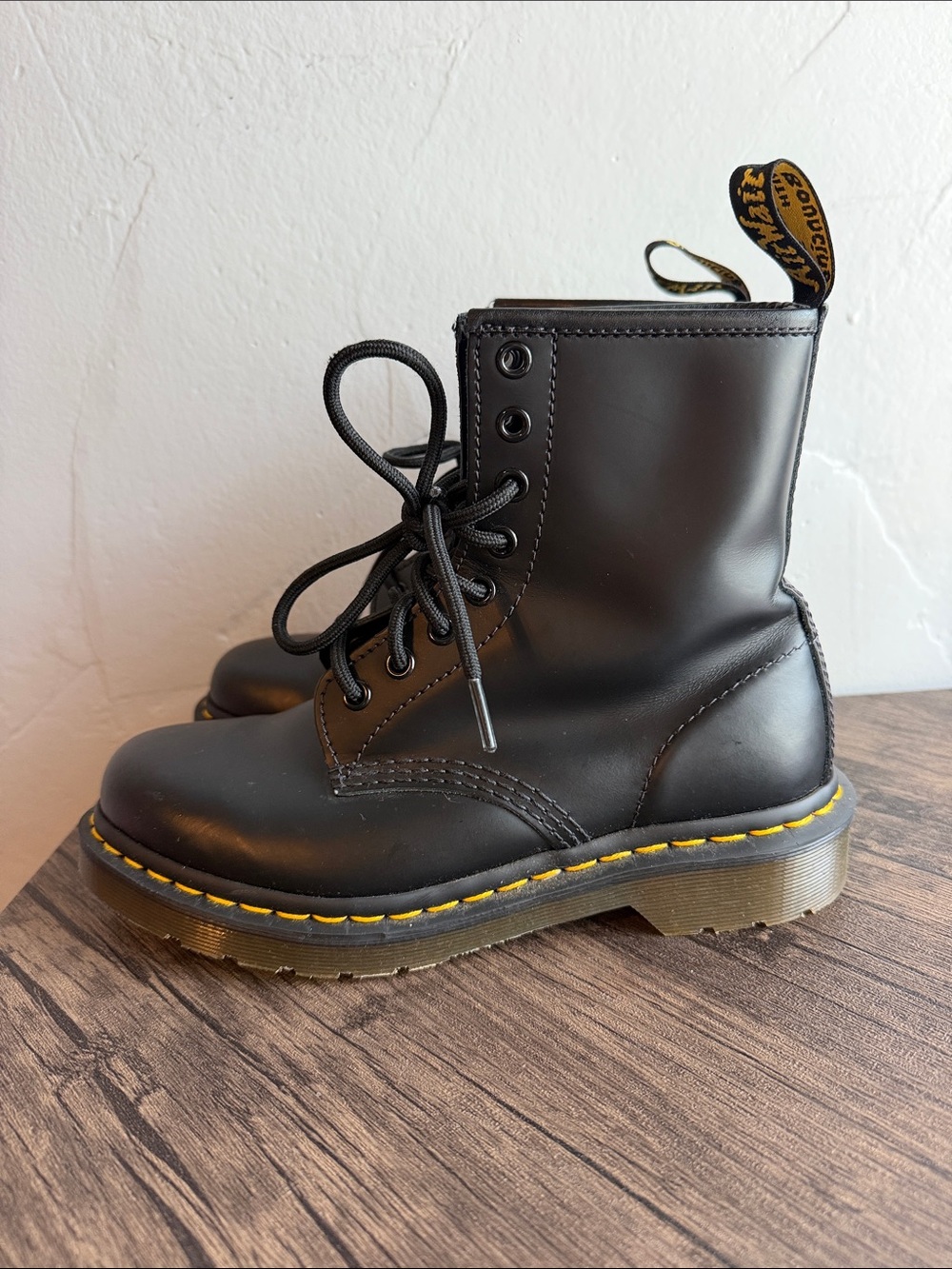 Dr. Martens Black Combat Boots with Yellow Stitching